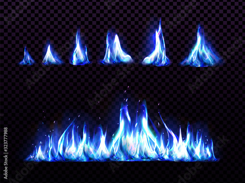 Realistic blue fire set for animation, torch flame isolated on transparent background. Burning blaze effect, glowing shining flare border or frame design element 3d vector illustration, icon, clip art