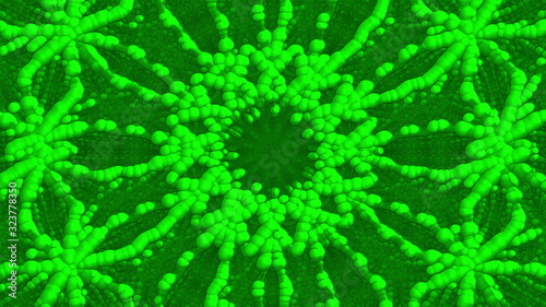 Computer generated hypnotic green backdrop from many bubbles and abstract particles. 3D rendering