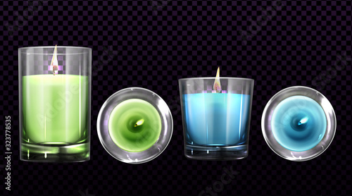Burning candles in glass jars front and top view set isolated on transparent background. Green and blue colored decorative elements for interior romantic decor realistic 3d vector illustration clipart