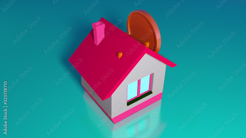 Piggy bank in the form of a house and falling gold coins. Computer generated a coin falling into house. 3d rendering isometric background Piggy bank in the form of a house and falling gold coins. Computer generated a coin falling into house. 3d rendering isometric background