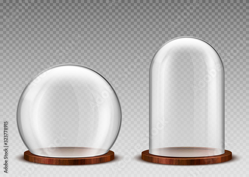 Glass dome, transparent plastic bell jar on wooden podium. Vector realistic mockup of empty protection cover, clear acrylic exhibition display case isolated on transparent background