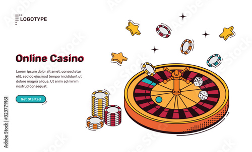 Online casino isometric landing page, rotating roulette wheel with dice, chips and stars, internet gambling games service, recreation internet business leisure industry, 3d vector line art web banner