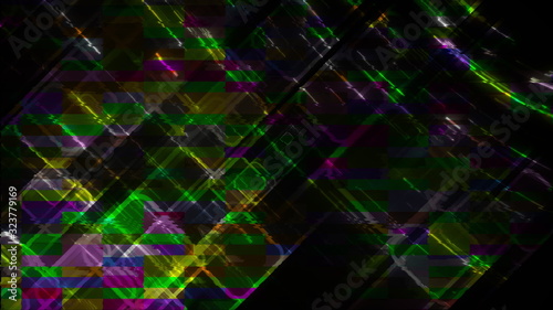 Computer generated glitch. 3d rendering video error, pixel multi-colored zigzags noise
