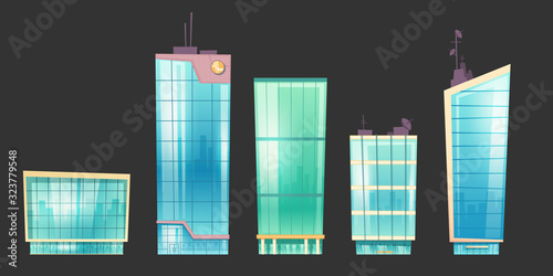 Skyscraper buildings set, modern house architecture. City towers with glass windows and satellite antennas, office center or hotel exterior isolated on black background. Cartoon vector illustration