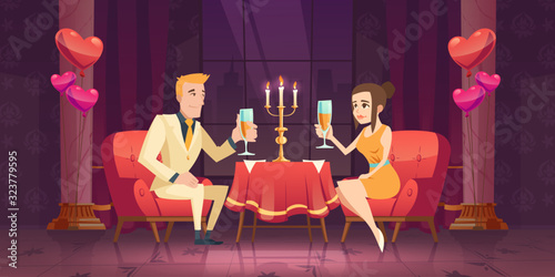 Couple romantic date dinner, man and woman with wineglass in hand sitting at table with burning candles in dark room at window with cityview drink champagne, heart balloons Cartoon vector illustration