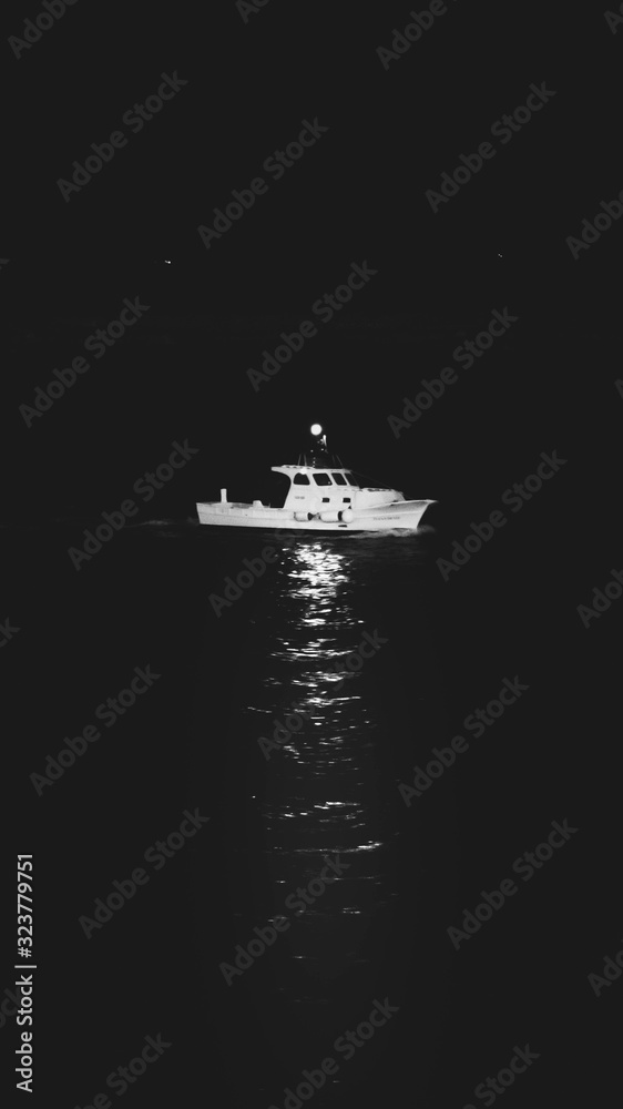 Naklejka premium ship in the sea at night