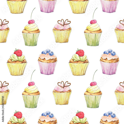 Food  dessert seamless pattern with sweet cupcakes hand drawn in watercolor sketching style. Perfect for Birthday  wedding cards  gift wrapping paper  background  wallpaper  textile design. 
