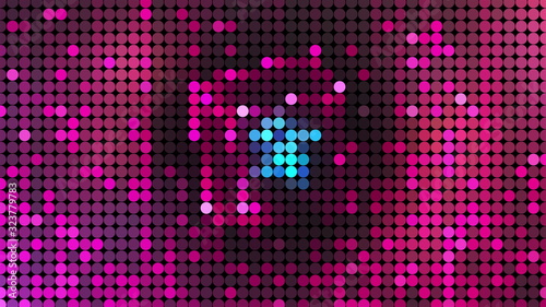 Computer generated bright display of running dottes lights. 3D rendering of led background for disco
