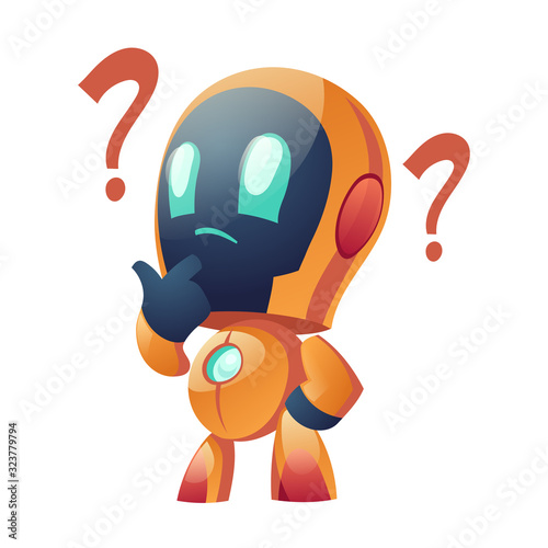 Chatbot with question marks, thoughtful ai robot faq customer support, answering and online consultation. Future innovation, artificial intelligence digital technology, Cartoon vector illustration
