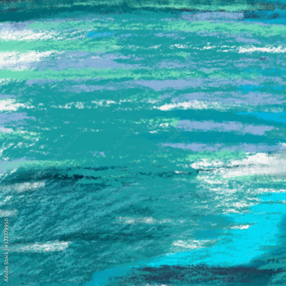 abstract background painted with watercolor and oil paint brush strokes and splashes and stains, turquoise and white