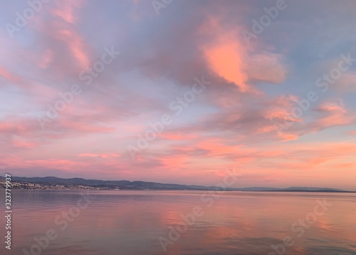 Tender pink sunset at the sea, pink flower reflection on the sea