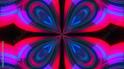 Kaleidoscope of luminous ring glass stripes forming beautiful hearts. 3D rendering computer technology backdrop