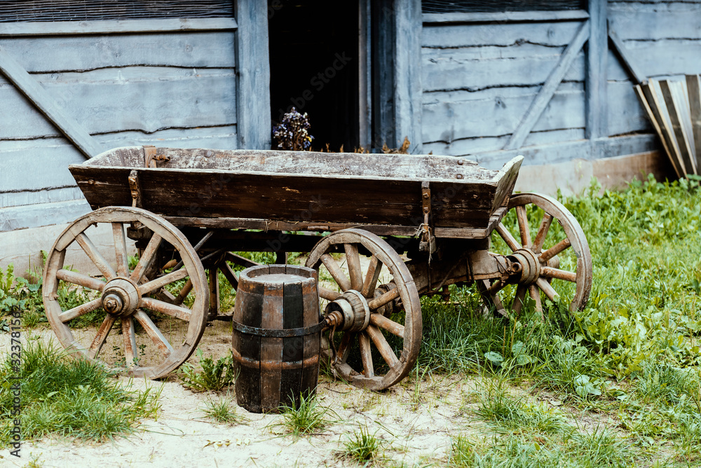 Old empty wooden carts in the village