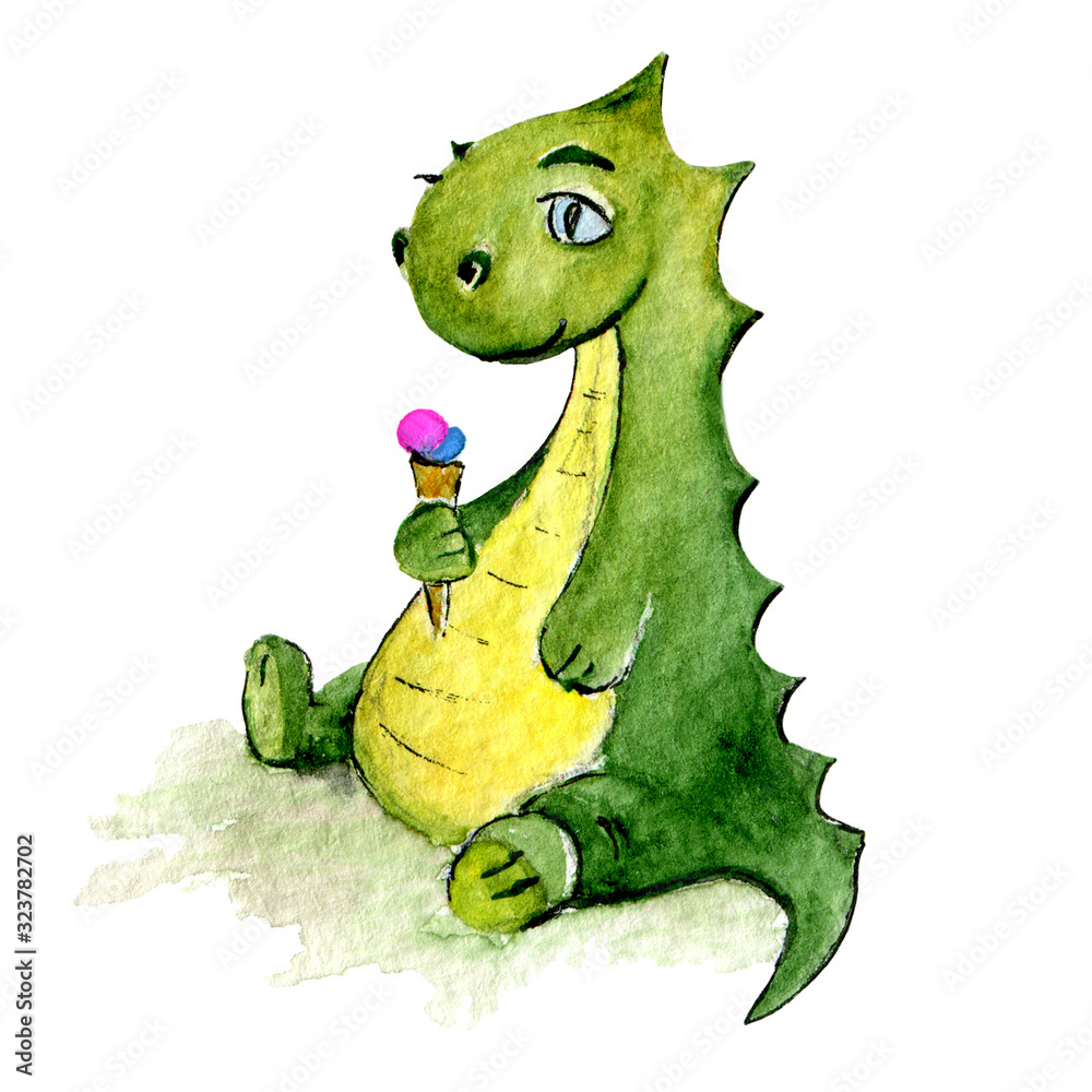 Cute dinosaur with mint ice cream. Summer vibe, flat style