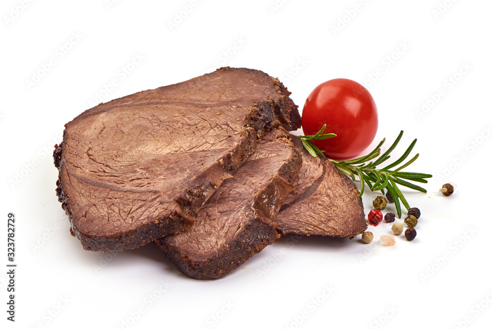 Spicy roast pork slices, isolated on white background