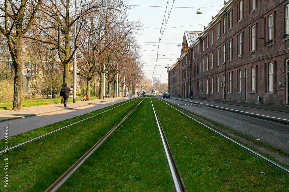 Amsterdam, March, 2007, grass turf on tramway tracks in Amsterdam