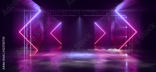 Fototapeta Naklejka Na Ścianę i Meble -  Smoke Sci Fi Futuristic Triangle Arc Gate Neon Laser Pantone Purple Pink Blue  Modern Alien Fashion Dance Club Showroom Garage Tunnel Corridor Concrete Cyber Virtual 3D Rendering