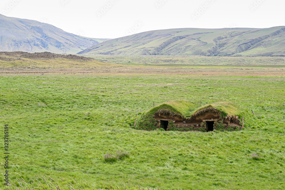 Iceland, 2008, June, Very old traditional Icelandic buildings with grass on the roof Iceland, 2008, June, Very old traditional Icelandic buildings with grass on the roof