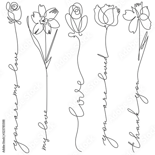 Set of line art flowers with lettering