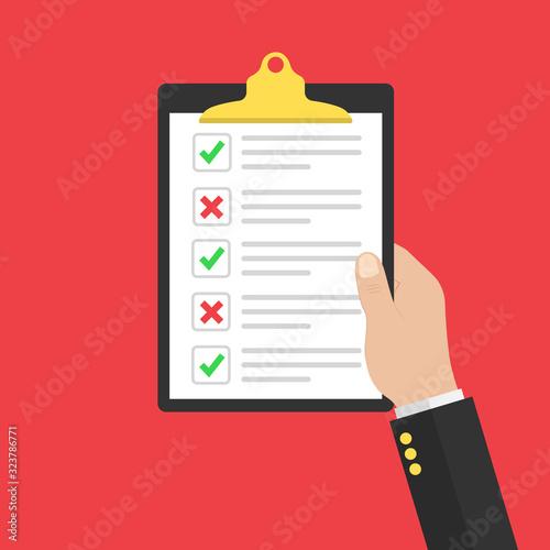 in hand checklist or document with green checkmarks and red crosses. Application form, completed tasks, to-do list, survey concepts.