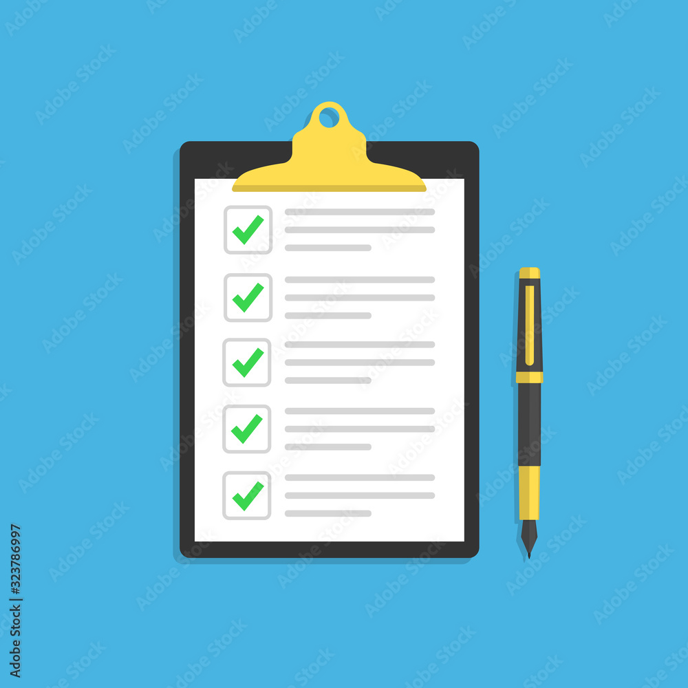 checklist or document with green checkmarks. Application form, completed tasks, to-do list, survey concepts. Ballpoint pen and checklist. checklist or document with green checkmarks. Application form, completed tasks, to-do list, survey concepts. Ballpoint pen and checklist.