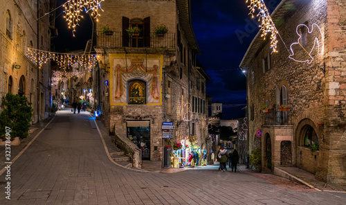 Christmas time in Assisi in the evening. Province of Perugia, Umbria, Italy.