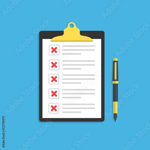 document or checklist with red crosses and pen.