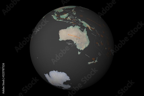 globe with cartographic grid and terrain relief on black background
