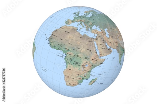 globe with cartographic grid and terrain relief on white background