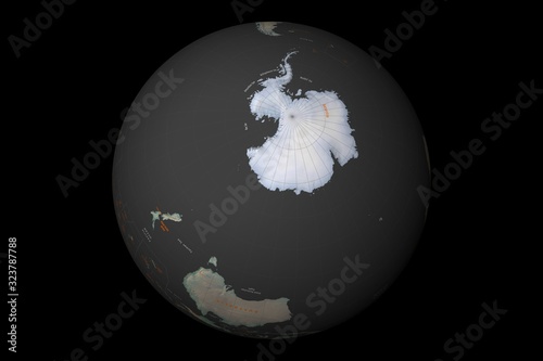 globe with cartographic grid and terrain relief on black background