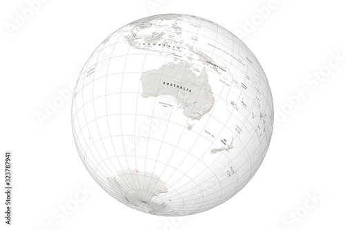 globe with cartographic grid and terrain relief on white background