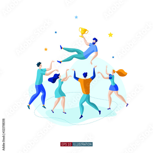 Trendy flat illustration. People congratulate their friend on the victory. Goal achievement. Golden cup. Successful teamwork. Template for your design works. Vector graphics.