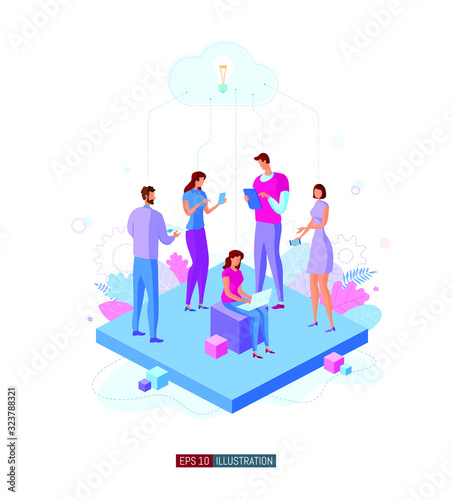 Trendy flat illustration. Office workers planing business mechanism, analyze business strategy and exchange ideas.Template for your design works. Vector graphics.