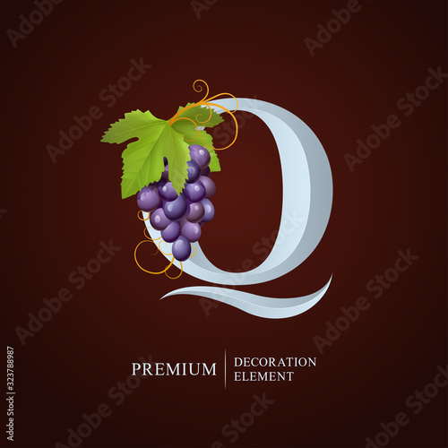 Elegant Wine Logo. Monogram Letter Q. Royal capital letter is surrounded Grapes, Leaf and Curl. Calligraphic emblem design or identity for Wine, Menu, Restaurant, Label, Business card, Cafe, Royalty.