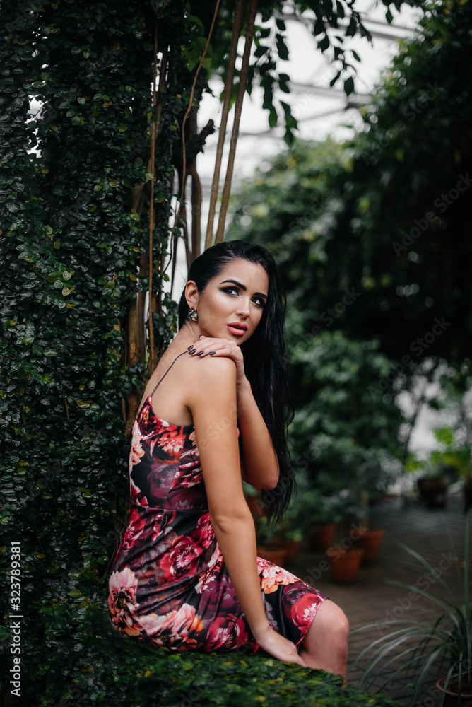 A young beautiful brunette posing among dense thickets of jungle and rainforest. Spa A young beautiful brunette posing among dense thickets of jungle and rainforest. Spa