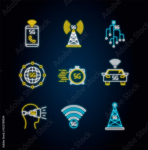 5G wireless technology neon light icons set. Cell tower, improved phone calls. VR headset. Fast connection. Mobile network. Signs with outer glowing effect. Vector isolated RGB color illustrations
