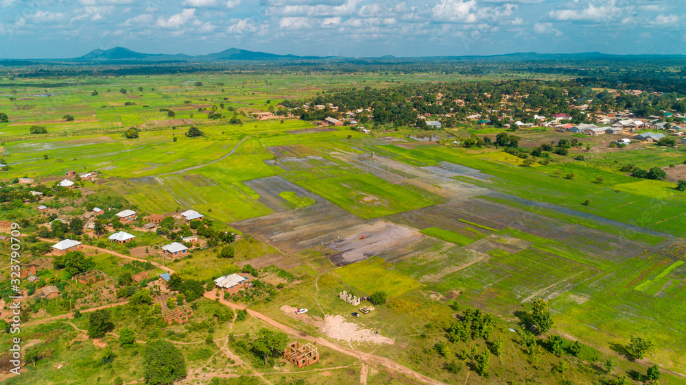 Aerial view of endless lush pastures and farmlands of morogoro town, Tanzania