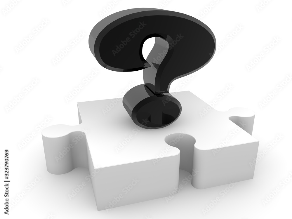 White puzzle piece with black question mark on white White puzzle piece with black question mark on white