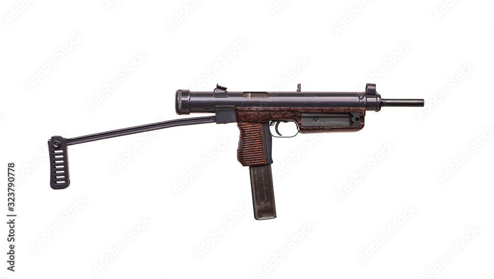 Vintage submachine gun isolate on white background. Weapons for the army and special forces of the past. Short automatic submachine gun.