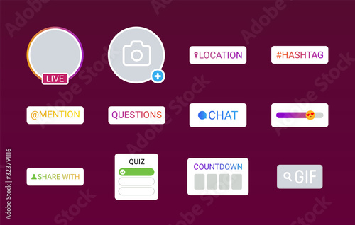 Interface stickers for stories. Social media buttons. Signs for web page, mobile app, banner, social media. Editable stroke.