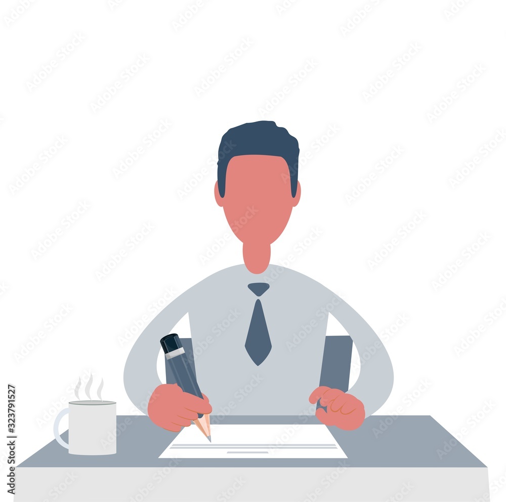 Man sits at a table and works. Young businessman working at office. Vector illustration. Man sits at a table and works. Young businessman working at office. Vector illustration.