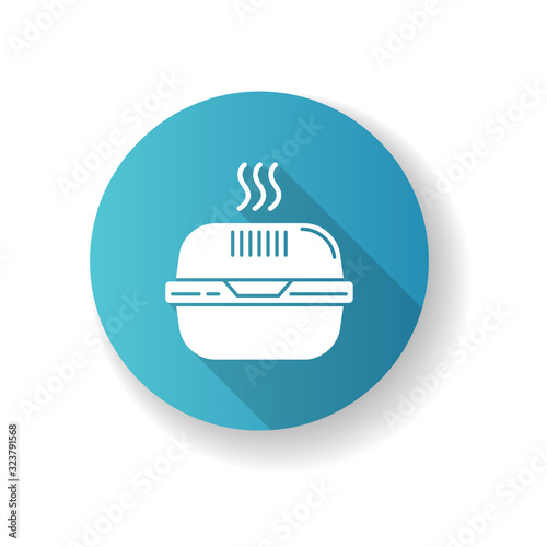 Burger box blue flat design long shadow glyph icon. Fast food takeout container. Takeaway thermo packaging. Plastic lunchbox for hot meal, hamburger. Silhouette RGB color illustration
