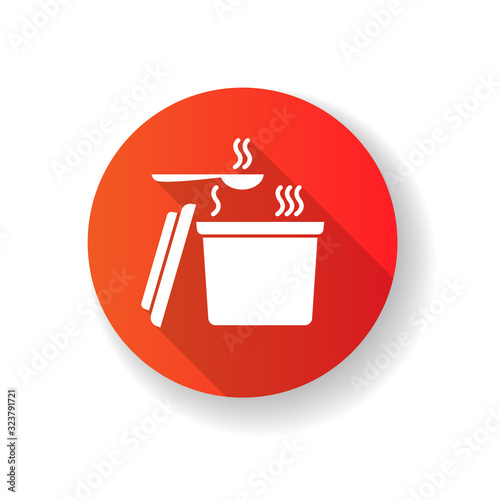 Takeout hot food container red flat design long shadow glyph icon. Takeaway soup pack with spoon. Convenience fast food, instant carry out meal plastic package. Silhouette RGB color illustration