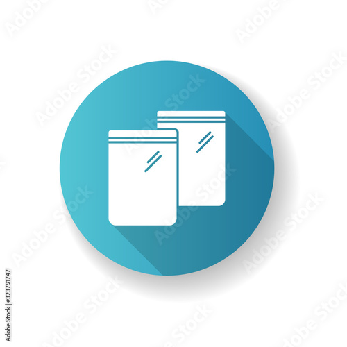 Zip bag blue flat design long shadow glyph icon. Empty plastic transparent package. Food ziplock packet, pvc sachet. Snack waterproof pouch. Silhouette RGB color illustration