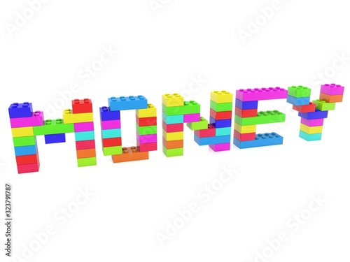 Monney inscription made of colorful toy bricks