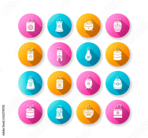 Air purifiers, humidifiers, ionizers flat design long shadow glyph icons set. Climate control devices, household appliances, indoor humidity regulators. Silhouette RGB color illustration