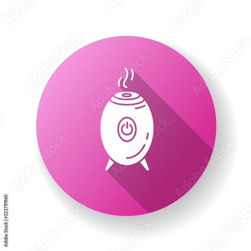 Air filter, steam humidifier purple flat design long shadow glyph icon. Water evaporation appliance, ionizer, purifier, air cleaning and conditioning device. Silhouette RGB color illustration