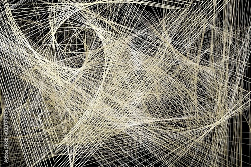Abstract Yellow and White Striped Pattern. Discontinuous Lines Isolated on Black Background. Industrial Digital Spider Web. Raster. 3D Illustration