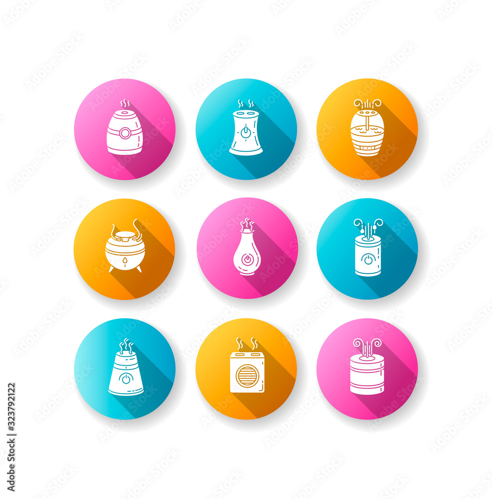 Fototapeta premium Air purifiers variety flat design long shadow glyph icons set. Ultrasonic and steam air cleaners, climate control devices, indoors humidity regulators. Silhouette RGB color illustration