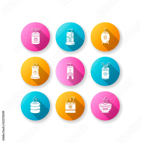 Air ionizers variety flat design long shadow glyph icons set. Ultrasonic and steam air humidifiers, climate control devices, room humidity regulators. Silhouette RGB color illustration